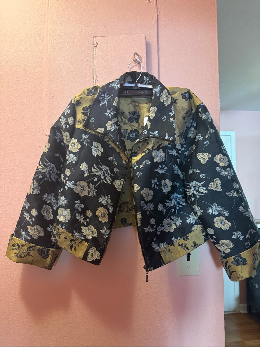 NWT Urban Outfitters Floral Cropped Moto Jacket - Black & Olive